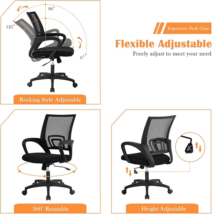 Office Chair, Desk Chair with Lumbar Support Arms, Adjustable Computer Chair with Breathable Mesh Backrest, Home Office Desk Chairs for Student, Adults, Study, Dorm, Comfortable Office Chair(Black)