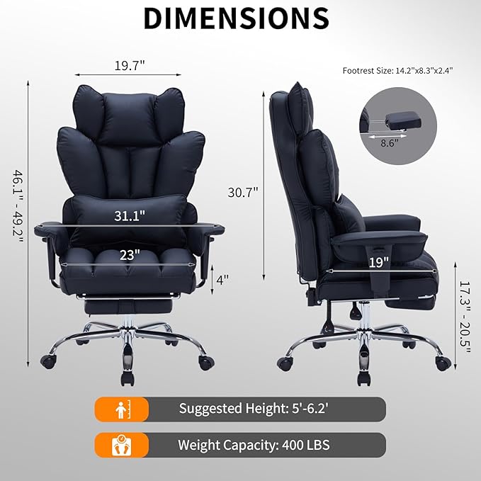 Garvee Big and Tall Office Chair, Executive Leather Office Chair with Footrest, 400lbs Ergonomic Gaming Chair for Adults, Wide Seat Computer Desk Chair with Lumbar Support, 150 Degree Reclining, Black