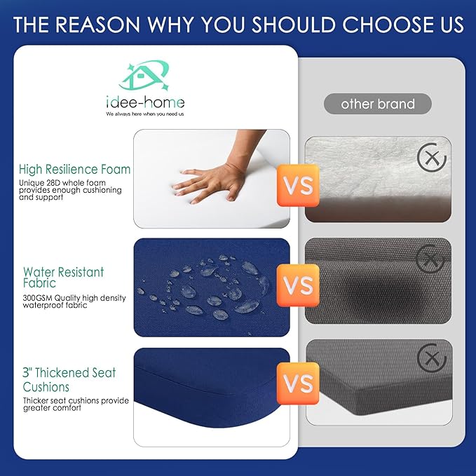 idee-home Outdoor Chair Cushions Set of 2, 19" x 19" Thick D-Shaped Patio Furniture Outdoor Seat Cushions Waterproof with Ties, Dining Pads