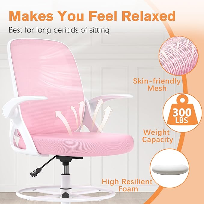 ORRSAKER Drafting Chair Tall Office Chair for Standing Desk, Breathable Mesh Ergonomic Computer Desk Chair with Flip-Up Armrests, Adjustable Lumbar Support and Footrest Ring,300 LBS，Pink