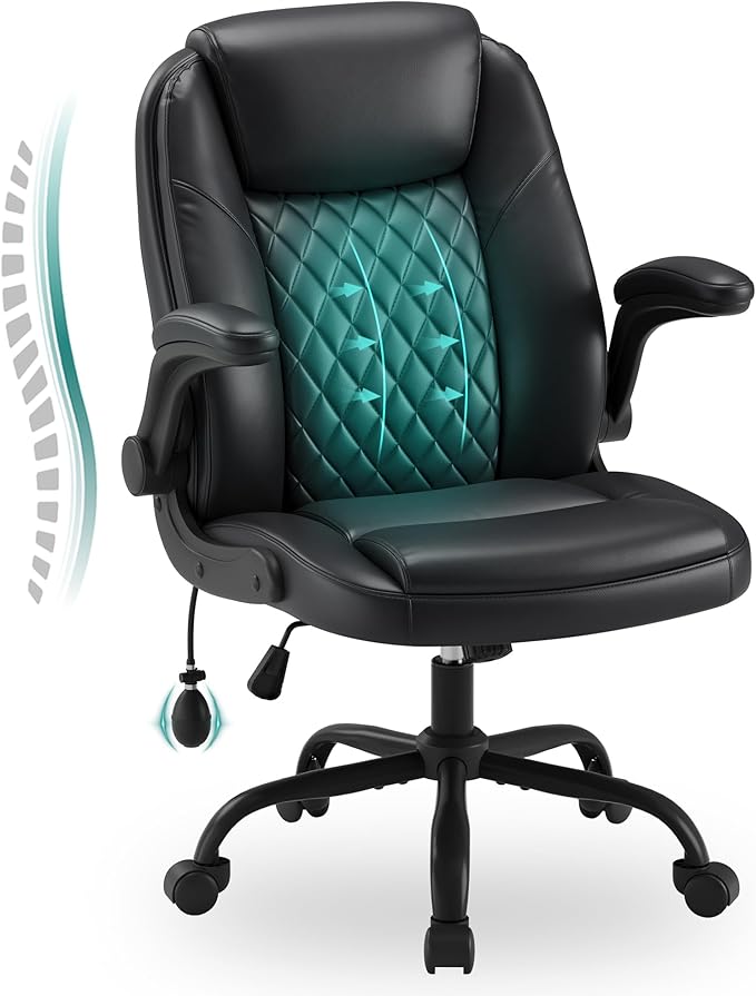 MALOL Leather Office Chair, Home Desk Chair with Adjustable Lumbar Support, Thick Cushion, Flip-Up Arms and Ergonomic Back, Comfy Executive Office Chair for Home Office, Black