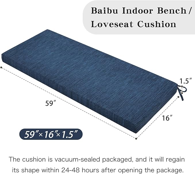baibu 59 Inch Classic Solid Color Bench Cushion with Ties, Non-Slip Indoor Rectangle Bench Seat Cushion Standard Size Foam Pad with Machine Washable Cover (Dark Blue, 59x16x1.5Inch)