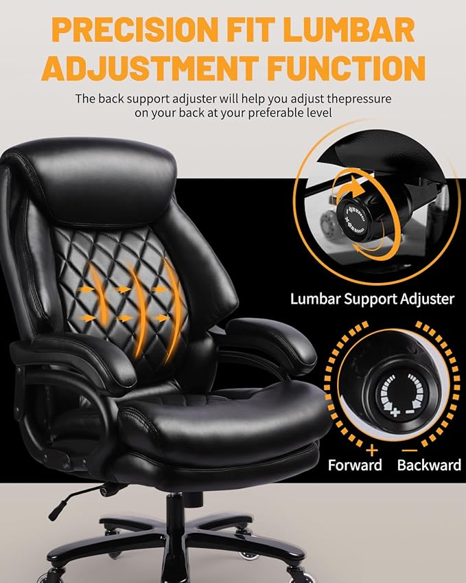 Big and Tall Executive Office Chair with Adjustable Lumbar Support, Extra Wide Seat, Heavy Duty Computer Desk Chair for Long Working Hours, Gaming & Home Office, Quiet Rolling Wheels