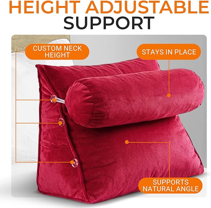 Cheer Collection Reading Wedge Pillow - Adjustable Wedge Reading Pillow with Neck Support, Hollow Fiber-Filled Backrest Pillow for Reading, Gaming, and TV Watching, Maroon
