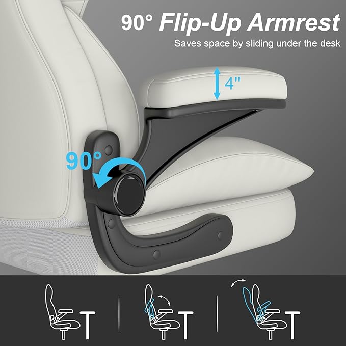 Office Chair, Home Desk Chair, Ergonomic Computer Chair with Lumbar Support, Executive Leather Chair with Flip-Up Armrests, Big and Tall Swivel Rolling Chair, White