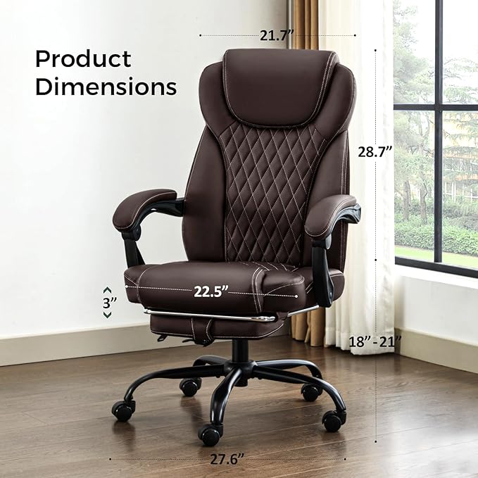 amseatec Office Chair, Big and Tall Office Chair with Foot Rest Ergonomic Desk Chairs Reclining High Back Leather Chairs with Lumbar Support(Brown)