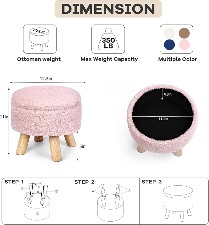 OGEMXU Ottoman Foot Rest, Small Round Ottoman with Storage, Boucle Teddy Velvet Footstool with Wood Legs, Soft Sponge Storage Ottoman for Living Room, Bedroom, Couch, Enterway (Pink)
