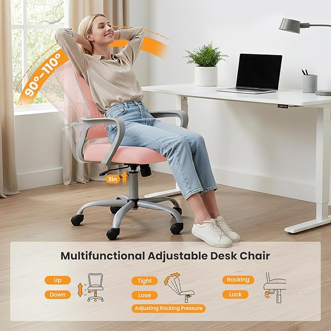 Sweetcrispy Home Office Managerial Executive Chair, Ergonomic Mesh Adjustable Swivel Mid-Back Computer Desk Chair with Comfortable Lumbar Support, Comfy Arms for Bedroom,Study