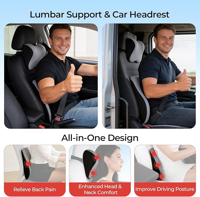 Car Headrest & Lumbar Support Set, Ergonomic Memory Foam Neck Pillow, Comfortable Travel Pillow for Car Truck SUV, Ideal for Long Driving (Gray) (Black)