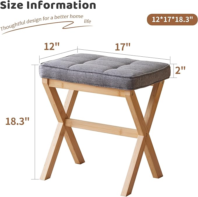 Foot Stool Small Ottoman Foot Rest Padded Foot Stool Desk for Under Office Desk Vanity Stool Bamboo Footstool Sofa Footrest Shoe Stool Small Foot Stools (Natural Legs + Gray)