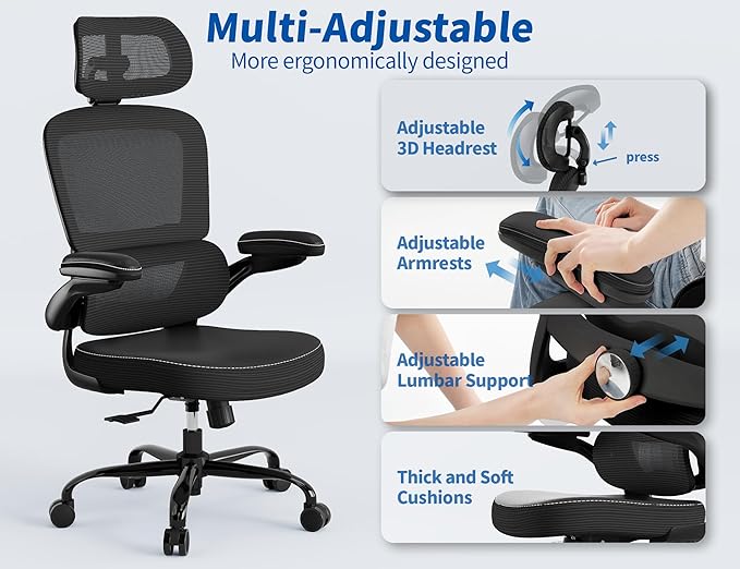 TRALT Ergonomic Office Chair - Desk Chair with Adjustable Headrest Lumbar Support Computer Chair - Mesh Comfy Chair with Flip-up Armrests - Gaming Chair for Adults Home Office PU, Black, Pack of 4