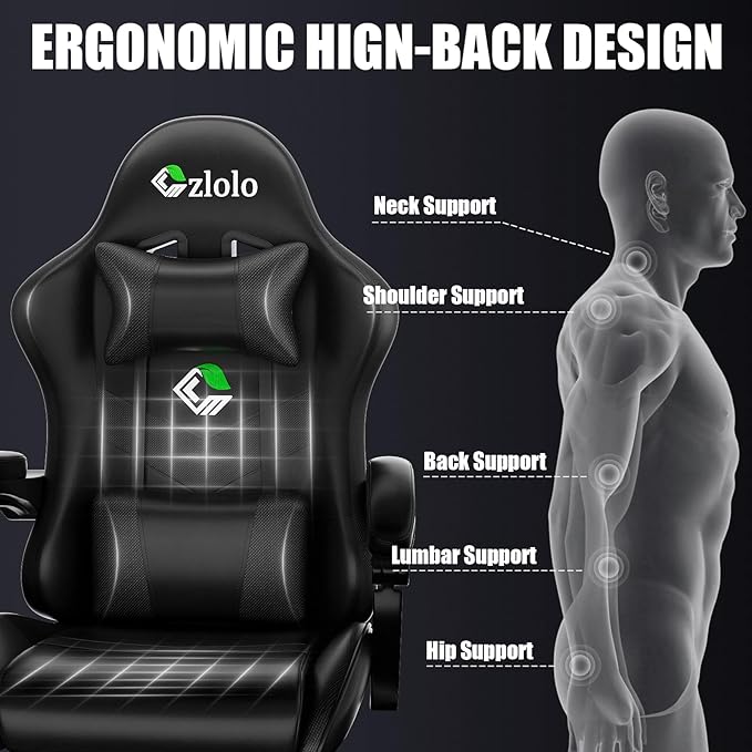 Czlolo Gaming Chair with Footrest Racing Style Lumbar Support Massager Video Game Chair with Metal Legs, High Back Gamer Chair with Headrest, 360° Swivel Office Computer Desk Chair, Black