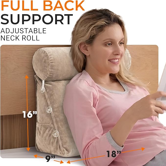 Cheer Collection Reading Wedge Pillow - Adjustable Wedge Reading Pillow with Neck Support, Hollow Fiber-Filled Backrest Pillow for Reading, Gaming, and TV Watching, Taupe