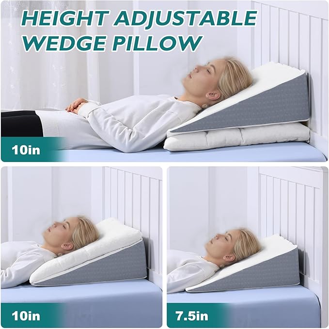 Bed Wedge Pillow for Sleep Apnea 10 Inch Gerd Pillow Patent Dual Layer Triangle Pillow Adjustable Shredded Memory Foam Topper Soft Support Ideal for Acid Reflux, After Surgery, Snoring