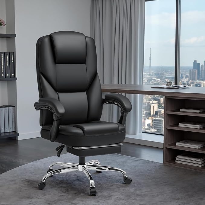 Shahoo Executive Office Chair with Massage, Ergonomic Reclining High Back Leather Seats with Footrest and Lumbar Support, Big and Tall, 400Lbs Heavy Duty, Dark Black