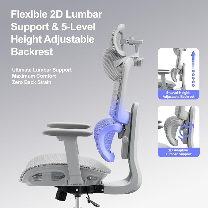 Ergonomic Office Chair with 3D Headrest, Computer Chair with Adjustable Backrest & 3D Armrest, Gaming Chair with Adaptive Lumbar Support, Mesh Backrest & Cushion, Grey