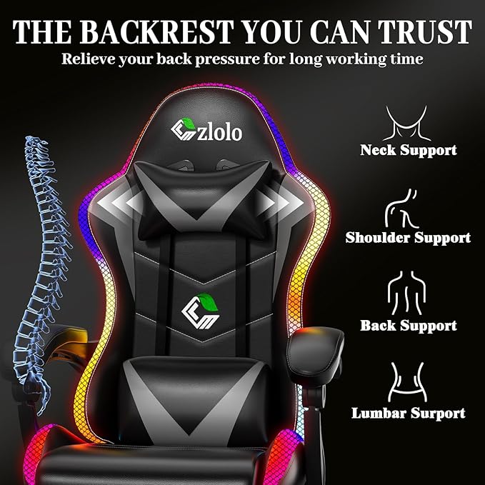 Czlolo Gaming Chair, Racing Style RGB LED Lights Gaming Chairs for Adults and Kids, Lumbar Massager Gamer Chair, High Back Reclining Computer Chair with Footrest and Headrest (Black/Gray)