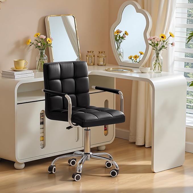 Furmax Vanity Office Chair with Wheels, Makeup PU Leather Executive Chair Modern Adjustable Home Desk Retro Comfortable Work Chair 360 Degree Swivel with Arms (Black)