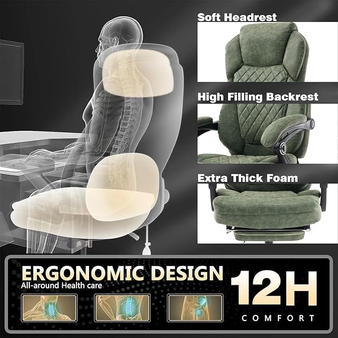 400lbs Ergonomic Reclining Office Chair with Footrest, Plus Size Big Tall Leather Recliner Office Desk Chairs with Foot Leg Rest, Green