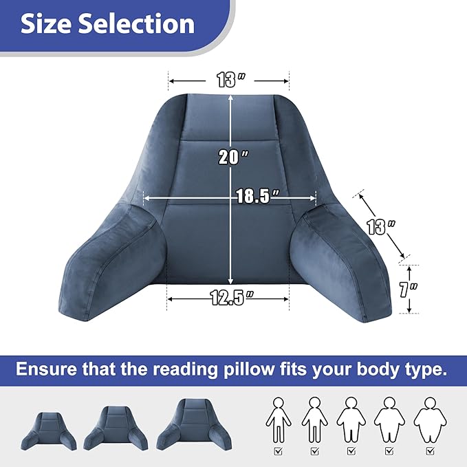 IASEAHK Reading Pillows for Sitting in Bed Adult, Back Pillow for Bed Sitting Up, Backrest Pillows with Shredded Foam for Adult&Teens, Support Pillow with Arms for Beds, Couch, Floor, 20in, Navy Blue