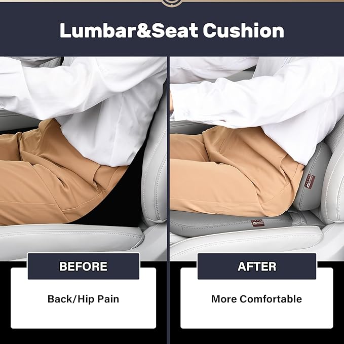 Coverado Memory Foam Car Seat Cushion and Lumbar Support Pillow for Driving Seat, Ergonomic Design Soft and Breathable PU Leather, High Density Memory Foam for Neck & Lower Back Pain Relie