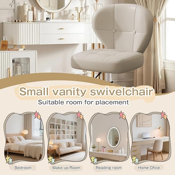 Vanity Chair with Back – Small Armless Office Chair with Wheels, Lumbar Support, PU Leather, Adjustable Height, 360° Swivel for Home, Bedroom, Office (White Set of 1)