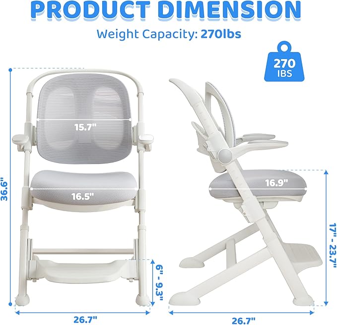 ERIYA Kids Desk Chair,Ergonomic Chair: Breathable Mesh Back, Adjustable Seat, Flip-Up Armrests, Footrest, Lumbar | Ideal for Kids, Petite Adults – Ultra-Comfy for Study/Work (Grey)