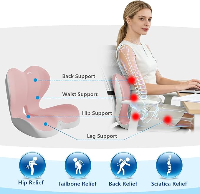 Orthopedic Memory Foam Seat Cushion with Adjustable Strap, Coccyx & Sciatica Pain Relief, Washable Non-Slip for Long Sitting, Ergonomic Posture Support for Office Chair, Car & Wheelchair (Pink Grey)