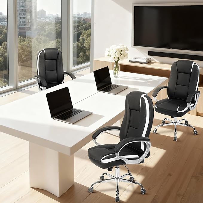 NEO CHAIR Office Desk Ergonomic Gaming Computer Chair High Back Adjustable PU Leather with Lumbar Support, Swivel Rolling Wheels, Executive Managerial Task Chair (Black)