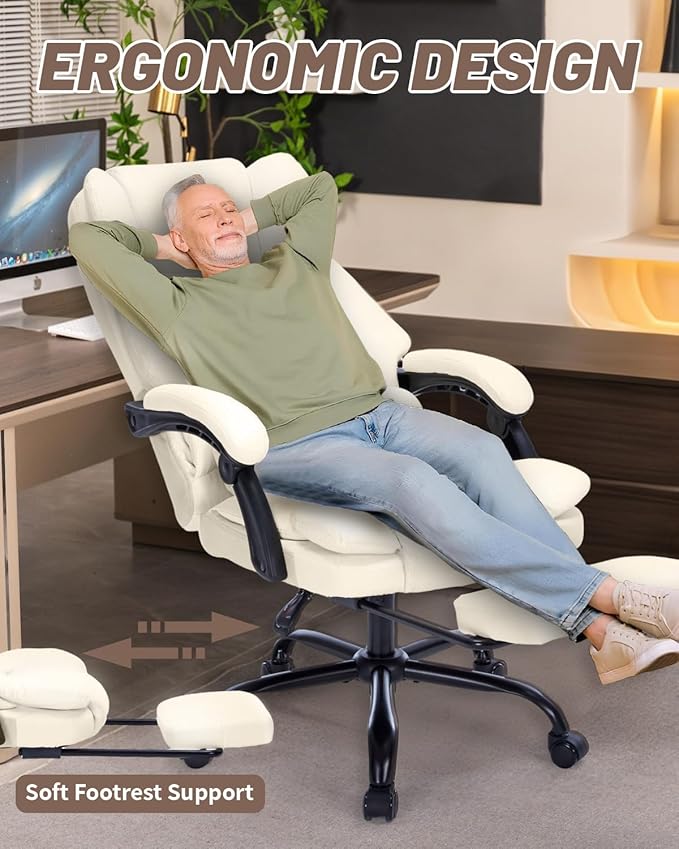 600lbs Office Chair with Footrest, Executive Chair with Padded Armrests, Reclining Desk Chair with Lumbar Support, High Back Leather Chair for Heavy People