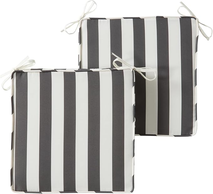 Outdoor 18 inch Square Patio Dining Chair Pads – Comfortable Fiber-Filled Seat Cushions with Ties, Reversible Polyester Fabric - Canopy Stripe Gray, Set of 2