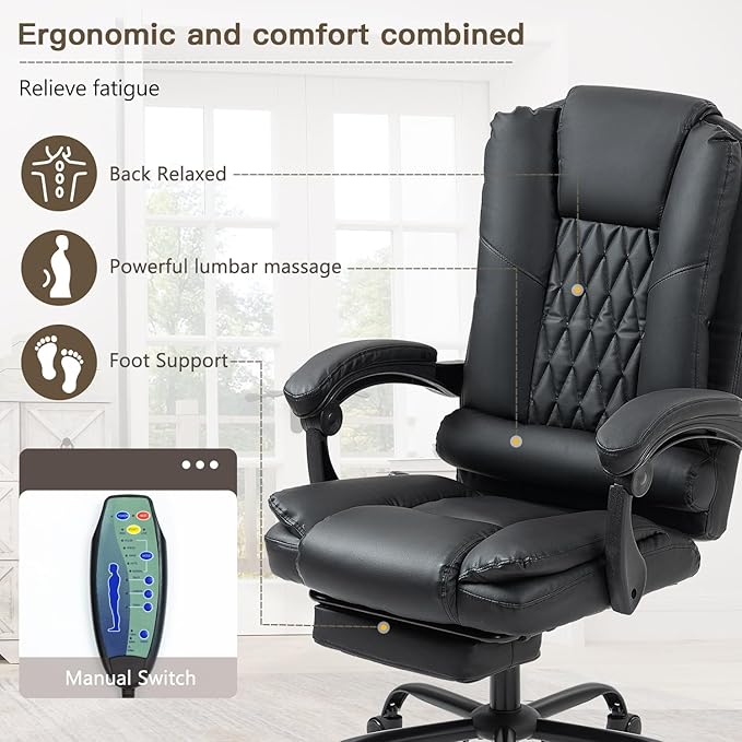 6-Point Heated Massage Office Chair with Footrest, Executive High Back PU Leather Computer Chair with Armrest & Reclining, Ergonomic Home Desk Chair with Lumbar Support, Black