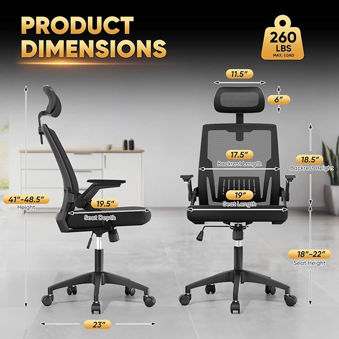 Magshion Ergonomic Office Chair with Flip-up Armrests & 3D Headrest, Swivel Mesh Desk Chair Executive Computer Chair for Home Office Study, 260 LBS Capacity, Black