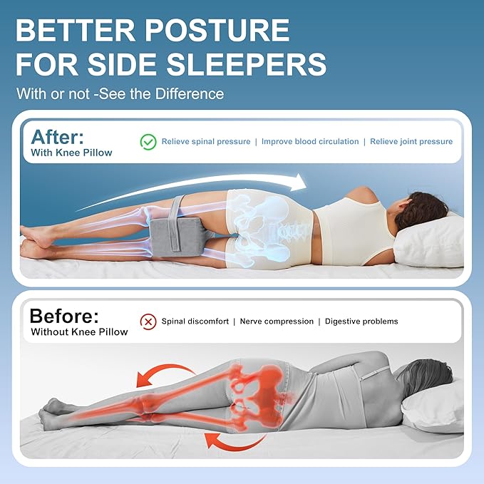 UJPFEO Knee Pillow for Side Sleepers, Leg Pillow for Sciatica, Back, HIPS, Knees, Joints Pain Relief,Pillows for Between Legs While Sleeping Spine Alignment Support & Relieves Pressure,Natural Gray