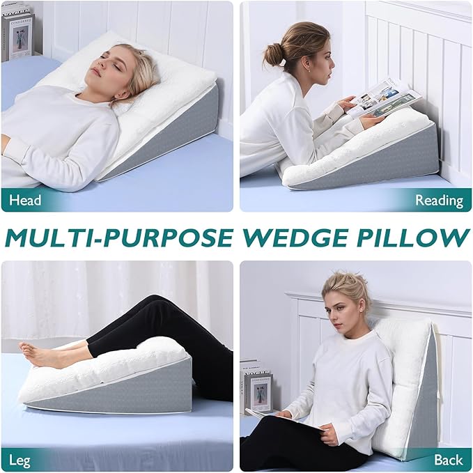 Bed Wedge Pillow for Sleep Apnea 10 Inch Gerd Pillow Patent Dual Layer Triangle Pillow Adjustable Shredded Memory Foam Topper Soft Support Ideal for Acid Reflux, After Surgery, Snoring