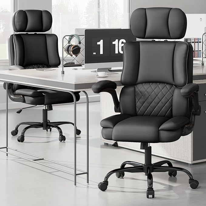 Executive Office Ergonomic Chair, Computer Chair with Adjustable Headrest,PU Leather Desk Chair,High-Back Swivel Task Chair for Home Office with Flip-Up Padded Armrests, 135°Reclining,Black