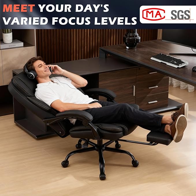 Massage Office Chair with Foot Rest, Dual Kneading Lumbar Massage Ergonomic Office Chair, 500LBS Big and Tall Reclining Desk Chair with Pet Scratch-Resistant Leather and Pillow for Home Office