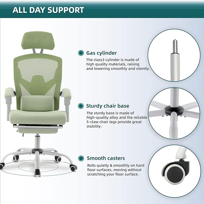 DUMOS Office Desk Computer Chair with Footrest, Ergonomic Mesh Swivel Gaming Chair with Rolling Wheels, Comfortable Headrest, Lumbar Support, Comfy for Home, Office, Task, Student, Elegant Green