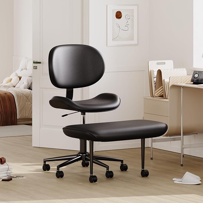 Pinmoco Cross-Legged Office Chair with Footrest, PU Leather Armless Desk Chair, Wide Padded Seat for Cross Leg Sitting, Adjustable Height & Swivel, Modern Home Office Chair, Black