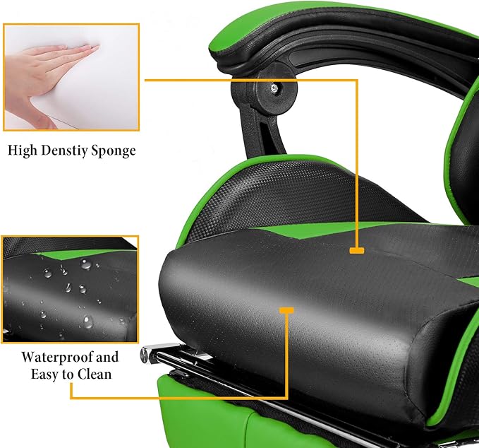 Soontrans Gaming Chair Green,Racing Gaming Chair with Footrest,Ergonomic Computer Gamer Chair,Game Chair with Adjustable Headrest and Lumbar Support