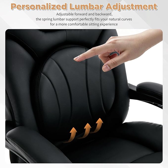Comfortable Office Chair with Lumbar Support, PU Leather Ergonomic Reclining Office Desk Chair Wide Seat Recliner Office Chair with Foot Leg Rest, Black