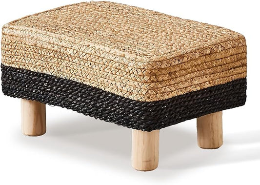 Wimarsbon Natural Seagrass Footstool Ottoman Rectangular Footrest Pouf Ottomans with Wooden Legs Hand Weave Step Stool for Living Room Bedroom Entryway Black