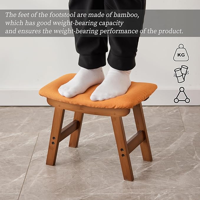 Kitsanery Foot Stool,Ottoman,Bamboo Small Sofa Foot Rest Under Desk,Extra Seating for Living Room, Bedroom and Kitchen(Brown Stool Legs - Orange Surface)