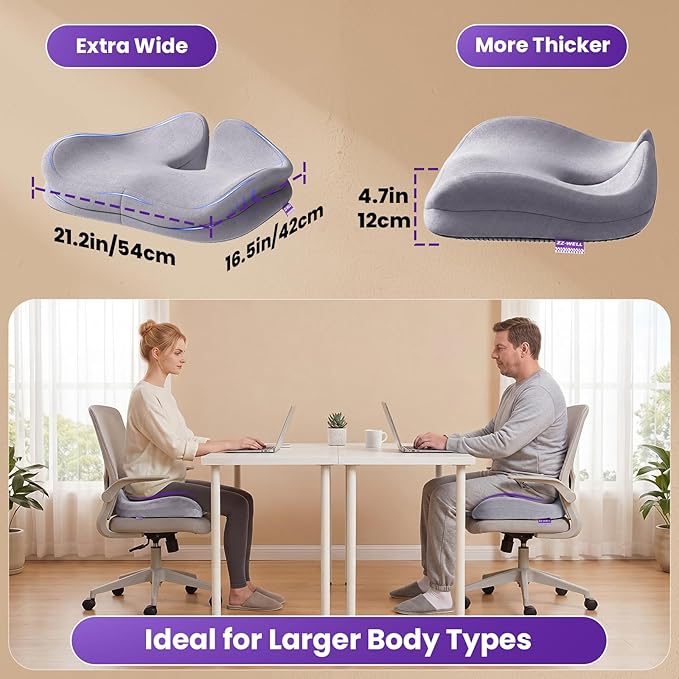 ZZ-WELL Seat Cushions for Office Chairs - Patented Extra Large Seat Cushion 21.2" W x 16.5" L - Memory Foam Seat Cushion for Tailbone Pain Relief, Sitting Pressure Relief (Light Grey)