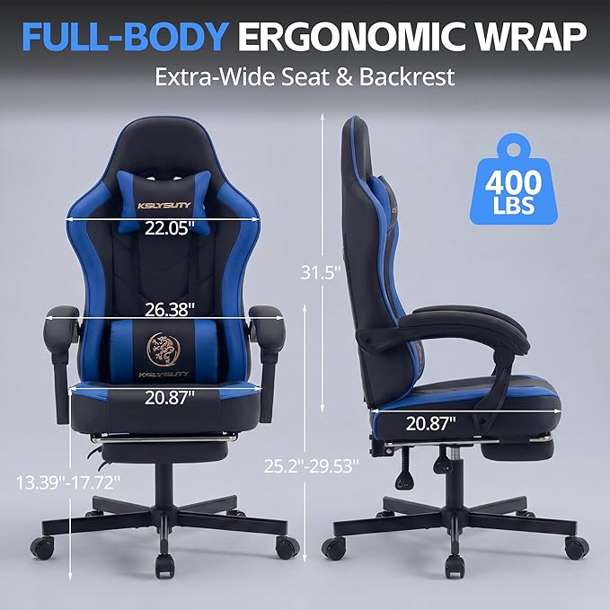 Desk Computer Gaming Chair - High Back Ergonomic Office Chair with Footrest and Lumbar Support, Swivel Comfy Home Gamer Video Game Chairs with Pocket Spring Cushion for Adults (Blue Leather)