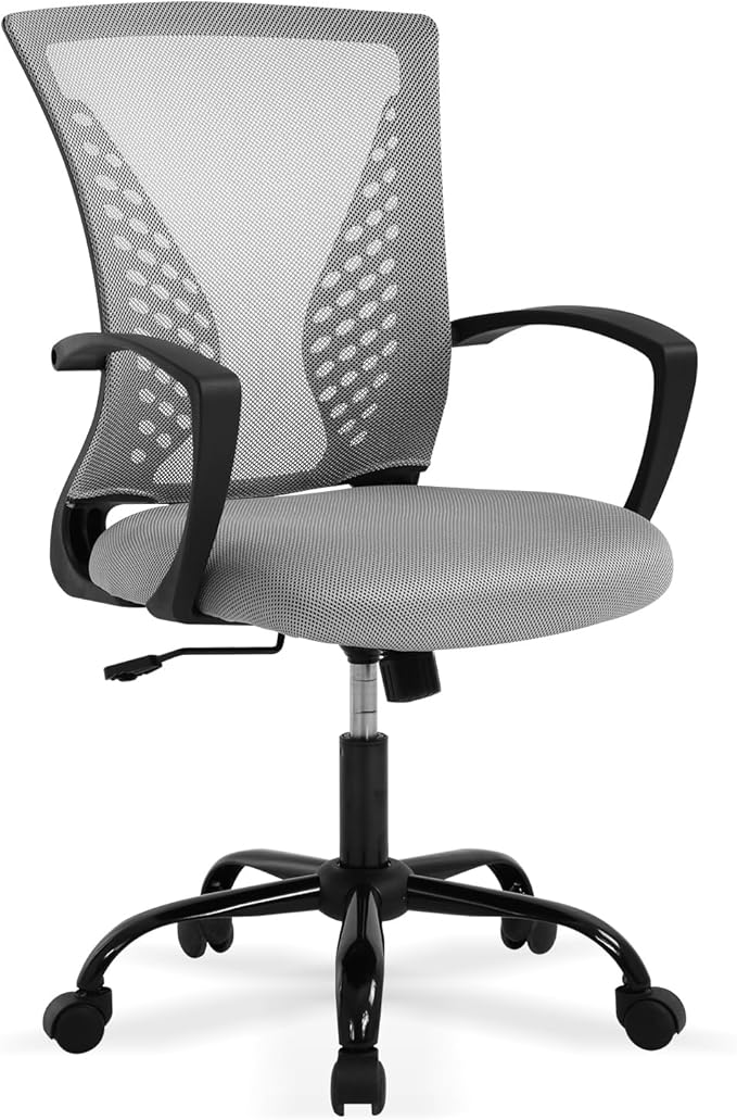 Mid Back Office Chair with Lumbar Support - Breathable Mesh Computer Chair for Desk, Ergonomic Adjustable Swivel Chair with Arms, Home & Office Use, Fits Small Spaces (Grey)