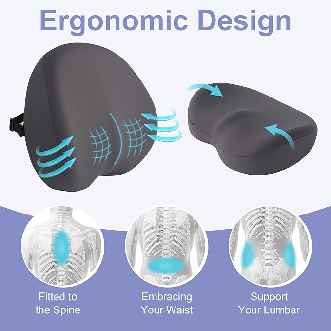 HOMBYS Ergonomic Lumbar Support Pillow for Recliner, Memory Foam Back Support for Recliner Chairs with Silky Cooling Cover, Washable & Orthopedic Design for Lower Back Pain Relief (Grey)