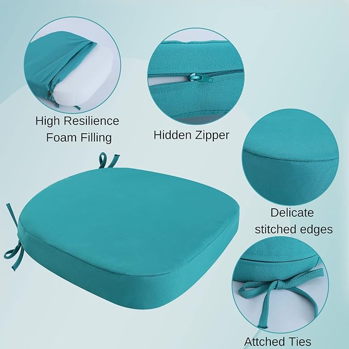 idee-home Outdoor Chair Cushions Set of 2, 19" x 19" Thick D-Shaped Patio Furniture Outdoor Seat Cushions Waterproof with Ties, Dining Pads
