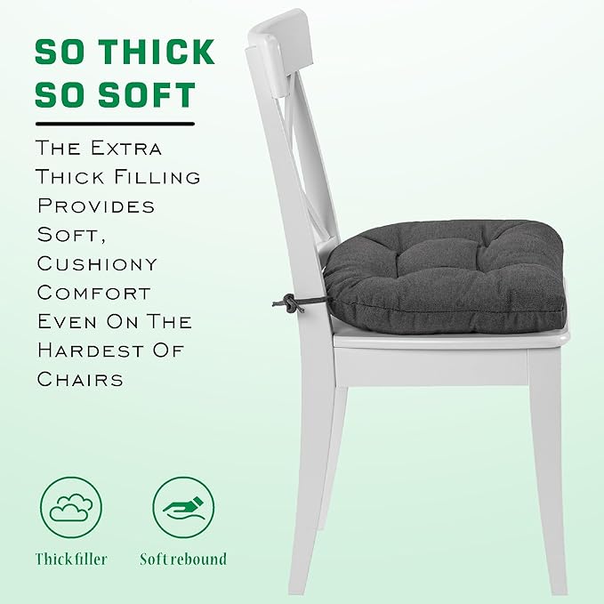 SQUARE MOON Chair Cushions for Dining Chairs, 3 Inch Thick Comfortable Kitchen Chair Pads, Dining Room Seat Cushions with Ties, Machine Washable, 17" x 16" x 3", 4/Pack, Dark Grey