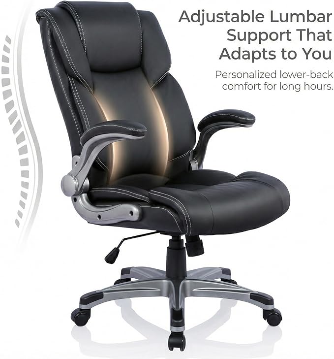 Ergonomic Executive Office Chair with Lumbar Support, Flip-Up Arms, Bonded Leather High Back Desk Chair for Home Office & Workstation, Comfortable Computer Chair for Adults Men Women – Black Set of 2